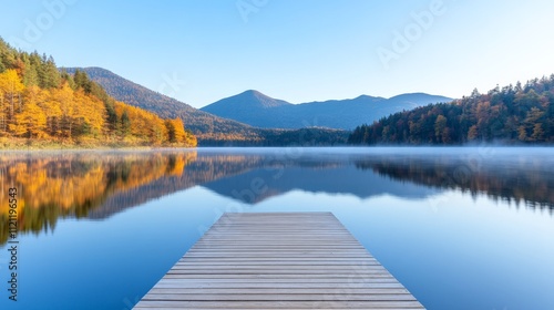 Fototapeta Naklejka Na Ścianę i Meble -  Serene Autumn Lake: Wooden dock extending into a tranquil lake reflecting the vibrant colors of autumn foliage and majestic mountains. A picturesque scene of peaceful nature. 