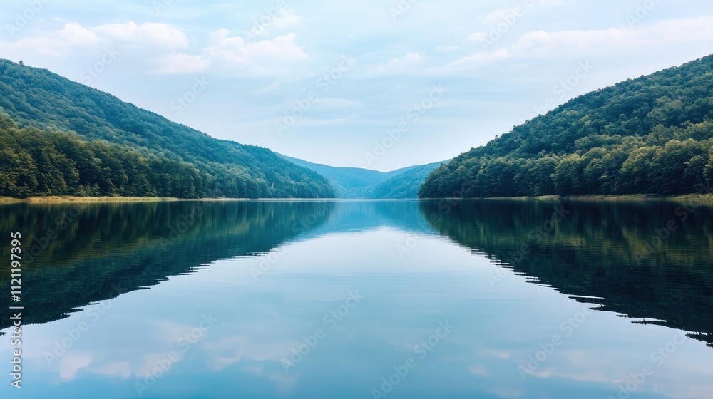 Tranquil reflection of nature at a scenic lake forested hills in background serene landscape peaceful environment Tranquil reflection of nature at a scenic lake forested hills in background serene landscape peaceful environment