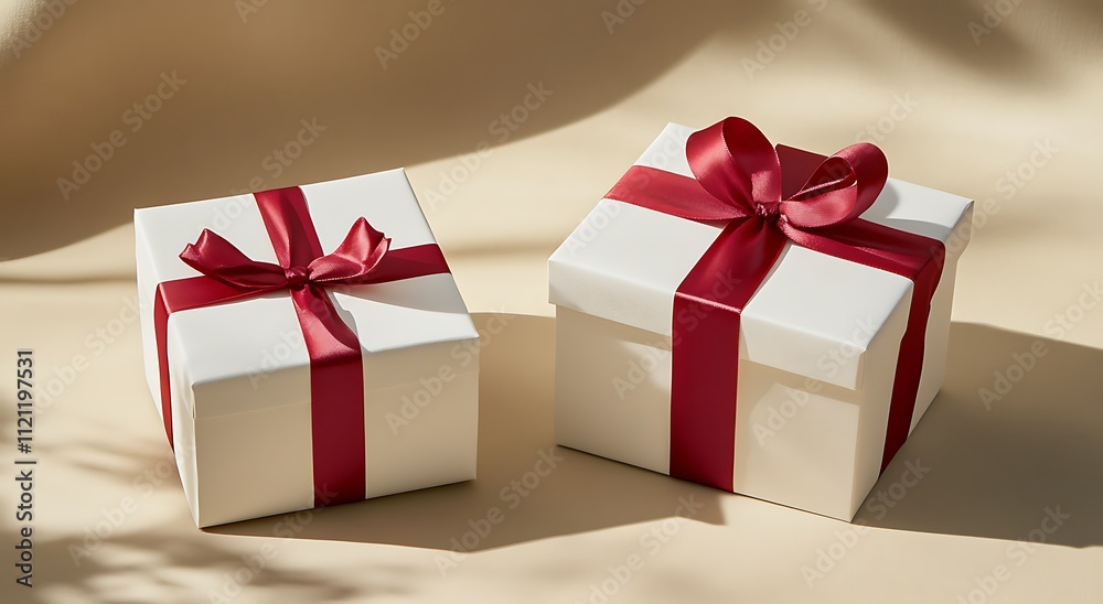 Obraz premium Red, white, green and golden christmas gift boxes wth ribbon
