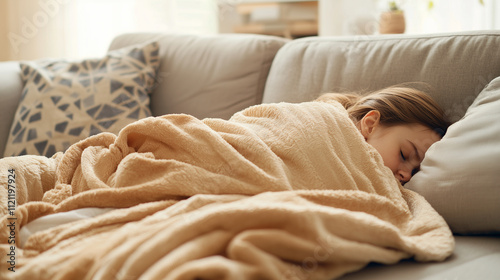 A woman is sleeping on a couch with a blanket wrapped around her