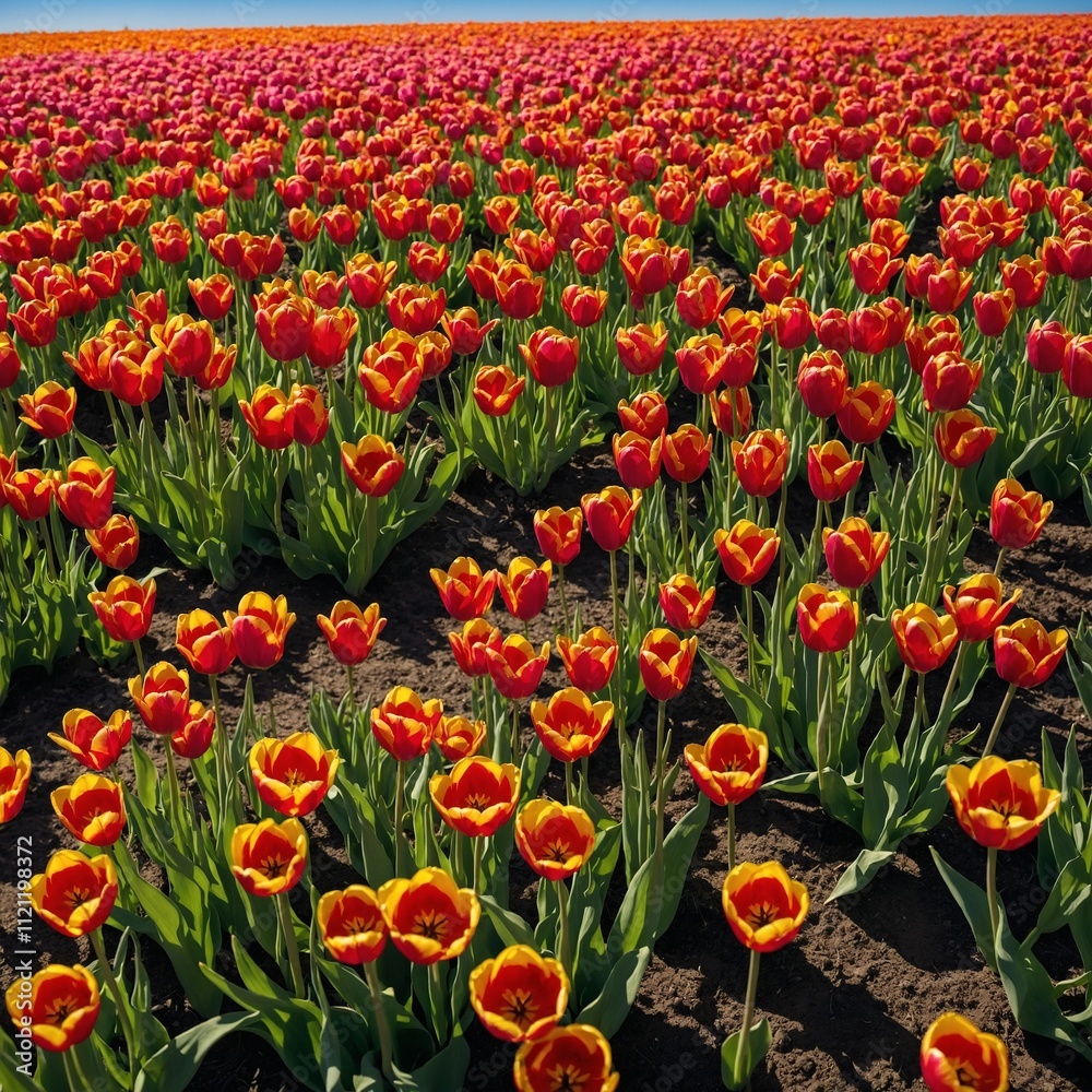 A field of vibrant tulips stretching endlessly under a clear blue sky. A field of vibrant tulips stretching endlessly under a clear blue sky.