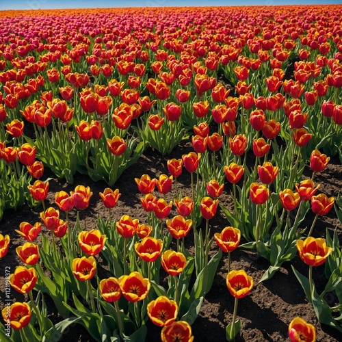 A field of vibrant tulips stretching endlessly under a clear blue sky.