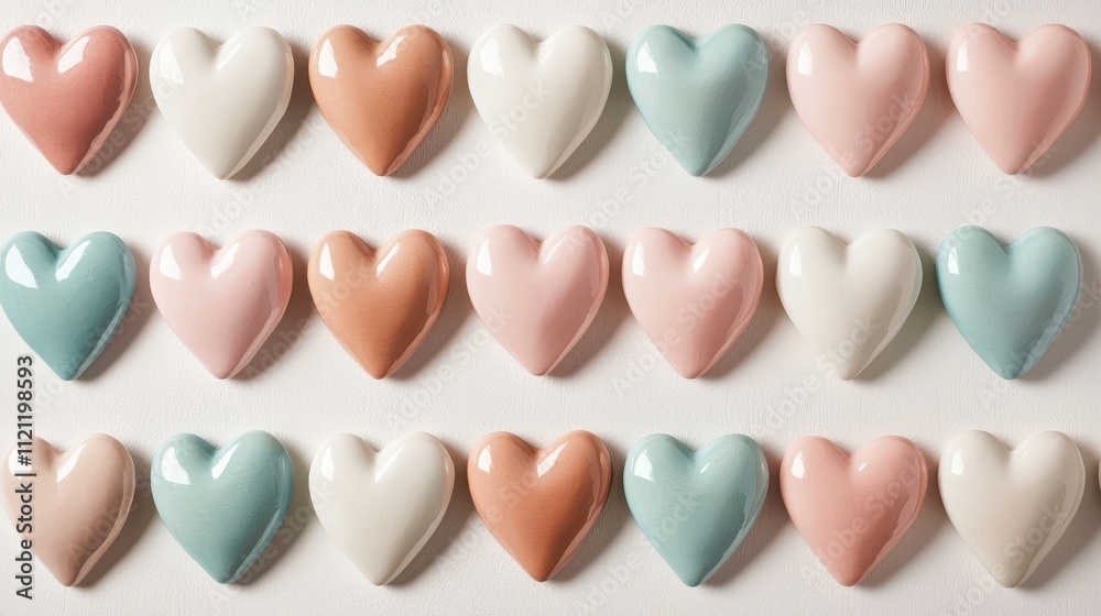 Obraz premium Colorful Heart Shapes in a Row on a Light Background, Ideal for Valentine's Day, Romantic Themes, or Celebratory Events, Perfect for Crafts, Designs, and Invitations