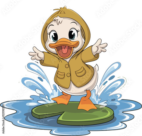 cartoon duck wearing a raincoat is splashing in a puddle
