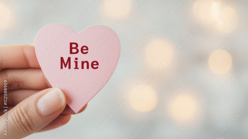 Hand Holding a Pink Heart Shaped Card with Be Mine Text Against a Blurred Background of Lights Suitable for Valentine’s Day or Romantic Concepts Hand Holding a Pink Heart Shaped Card with Be Mine Text Against a Blurred Background of Lights Suitable for Valentine’s Day or Romantic Concepts
