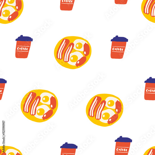 Cute England, English, Great Britain, United Kingdom seamless pattern. Funny hand drawn doodle repeatable pattern with coffee, breakfast, fried eggs, bacon, food, meal, sausages. British background