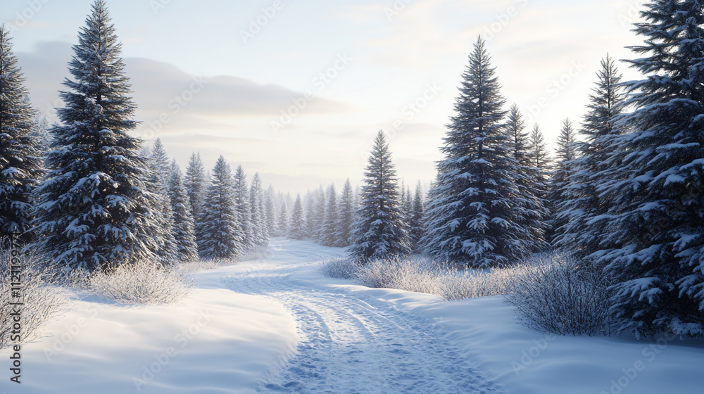 Winter landscape with snow-covered trees and pathways in a serene forest setting Winter landscape with snow-covered trees and pathways in a serene forest setting
