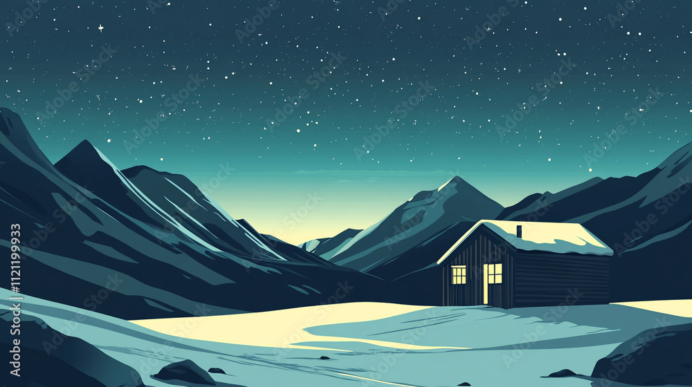 Fototapeta premium Lonely cabin under the starry night sky in a quiet mountain landscape