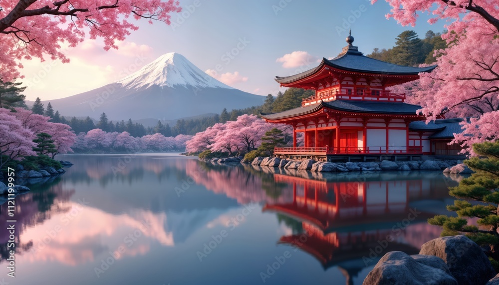 Serene Japanese temple scene by calm lake. Cherry blossom trees surround historic temple with red gate. Mount Fuji rises majestically in background. Tranquil daytime scene. Beautiful nature. Peaceful Serene Japanese temple scene by calm lake. Cherry blossom trees surround historic temple with red gate. Mount Fuji rises majestically in background. Tranquil daytime scene. Beautiful nature. Peaceful