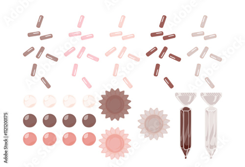 チョコスプレーとペン、包装紙と銀粒のイラスト