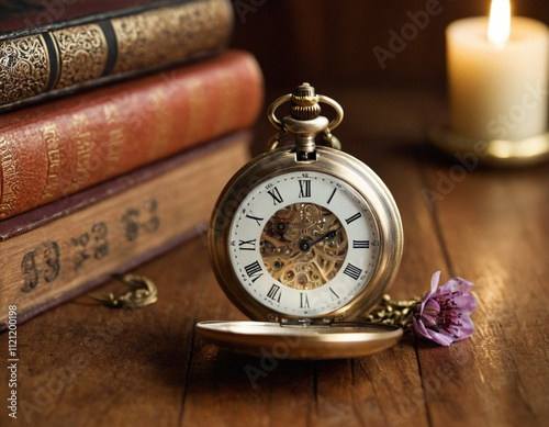 Vintage pocket watch with intricate gears, placed beside antique books and a glowing candle on a wooden surface, creating a warm nostalgic mood. A purple flower enhances the aesthetic charm of this ti