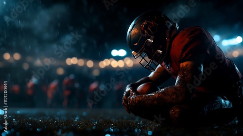 Solitary Mud-Covered Football Player Kneeling in the Rain at Night