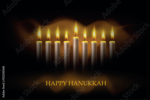 Hanukkah menorah, or hanukkiah for Jewish holiday Hanukkah. Hanukkah lamp, nine-branched candelabrum. Wave lights effects. EPS10 vector.