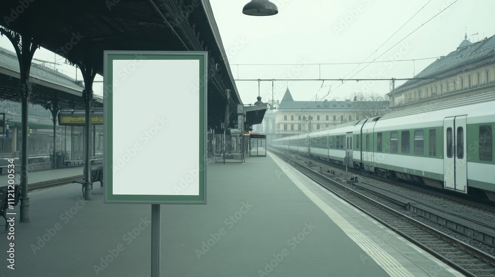 Fototapeta premium Empty Train Station Platform with Train and Blank Advertising Board