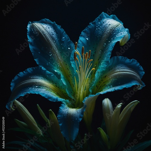 A bioluminescent lily glowing softly in the darkness.