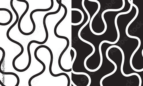 Organic irregular bold lines seamless pattern. Vector wavy strokes ornament. isolated on white and black background. Vector illustration.  EPS 10