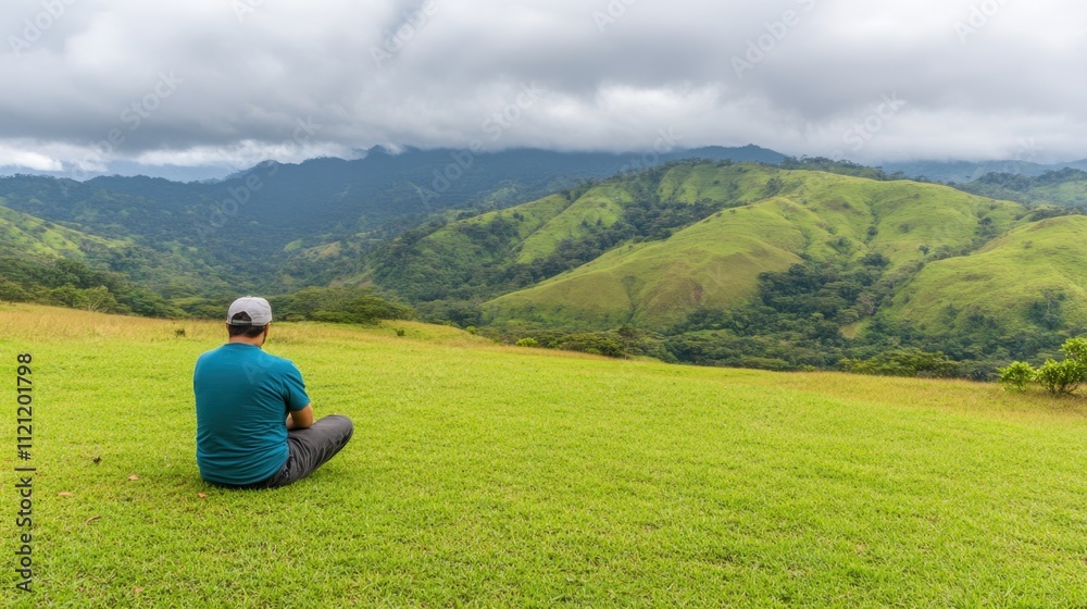 Fototapeta premium Man Meditating on Green Mountain Meadow Under Dramatic Sky