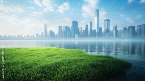 city skyline standing tall across the river, with rolling green grass fields leading to the shore.