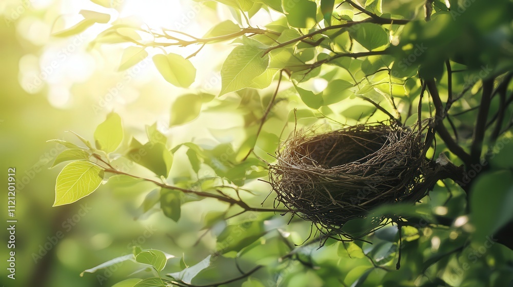 bird's nest carefully nestled in the branches of a tree. The vibrant green leaves surround the nest, bird's nest carefully nestled in the branches of a tree. The vibrant green leaves surround the nest,