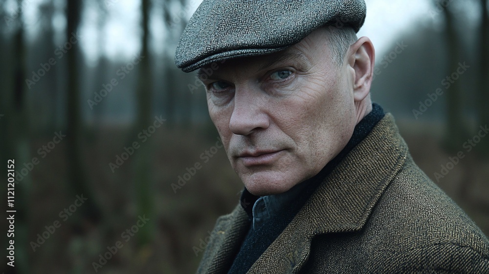 Serious mature man in tweed cap and coat outdoors. Serious mature man in tweed cap and coat outdoors.