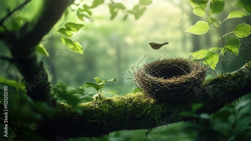 bird nest resting on a tree branch, with a soft breeze swaying the leaves. The nest is made of twigs and grass,