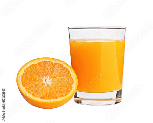 Glass of Fresh Orange Juice with a Half Orange on a White Background