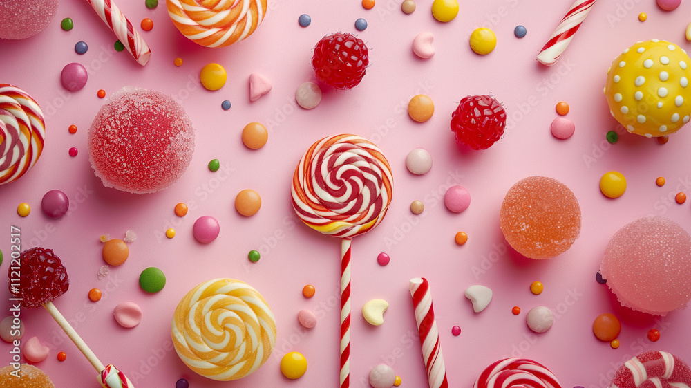 flatlay top angle lollipop and candy sweets on pink background flatlay top angle lollipop and candy sweets on pink background