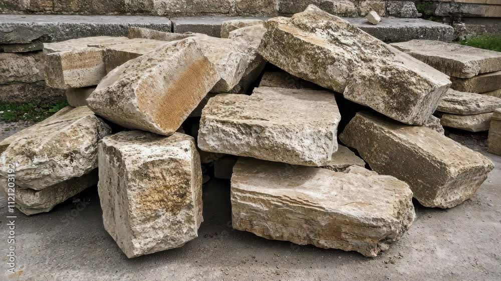 Piled natural stone blocks ready for construction at a building site in daylight Piled natural stone blocks ready for construction at a building site in daylight