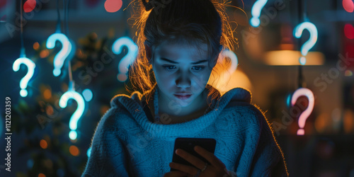 concept of finding solutions to difficult life situations in youth, Girl with a questioning expression looks at her phone surrounded by glowing question marks, denoting contemplation photo