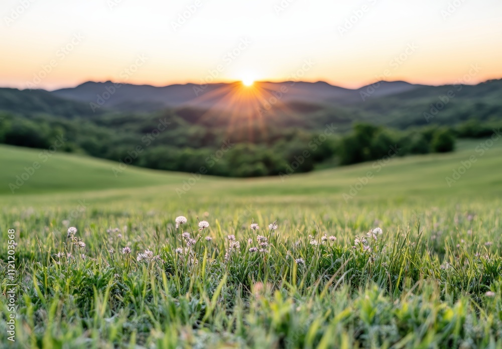 Fototapeta premium 美しい夕日が山々の背後に沈む草原の風景