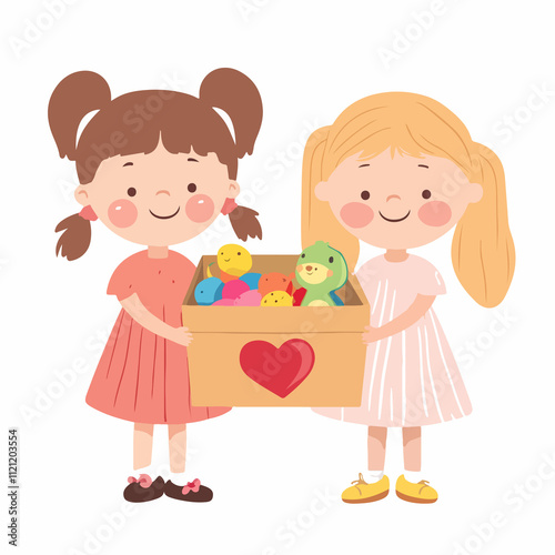 Three young little girls holding a box at a party, happy kids with toys