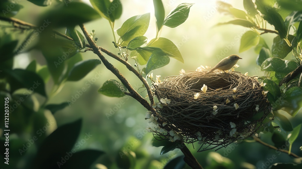 bird's nest on a sturdy tree branch, with the tree leaves rustling in the wind bird's nest on a sturdy tree branch, with the tree leaves rustling in the wind