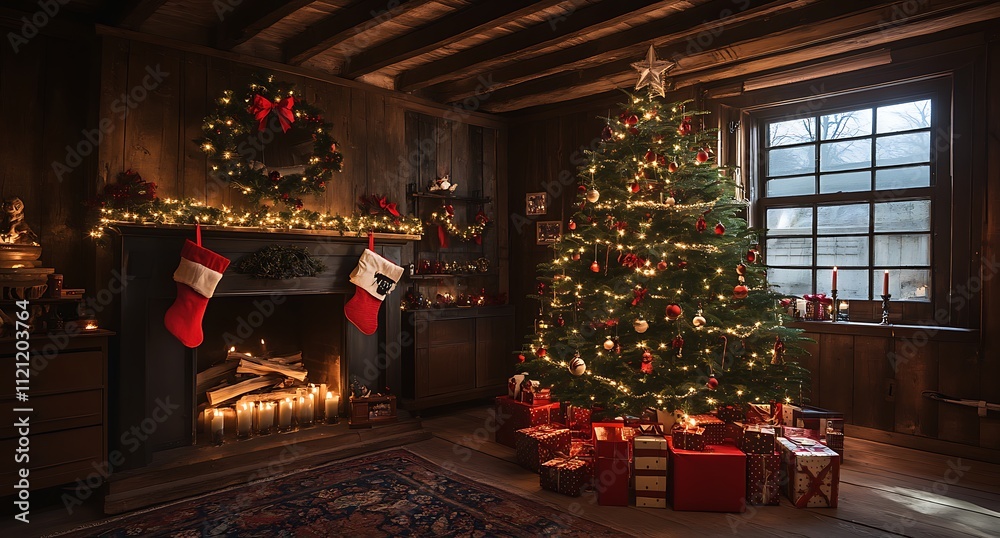 A Christmas tree decorated with red and white lights surrounded by christmas gifts, christmas background A Christmas tree decorated with red and white lights surrounded by christmas gifts, christmas background