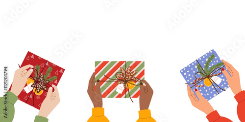 Multicultural women hands holding Christmas presents. Vector background with copy space for holiday designs, festive promotions, or seasonal greetings