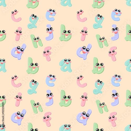 Seamless pattern with pastel colored letters and a smile.