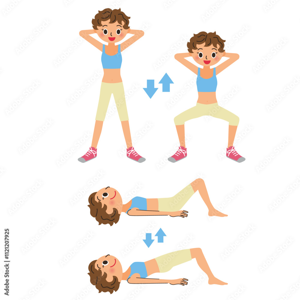 スクワットの運動と、腰や腹筋を鍛えてる女性