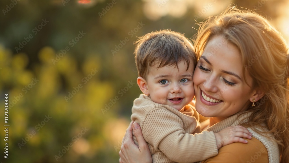 Mother's Day. Mother smiling with baby in her arms against a natural outdoor background for Mother's Day concept Mother's Day. Mother smiling with baby in her arms against a natural outdoor background for Mother's Day concept