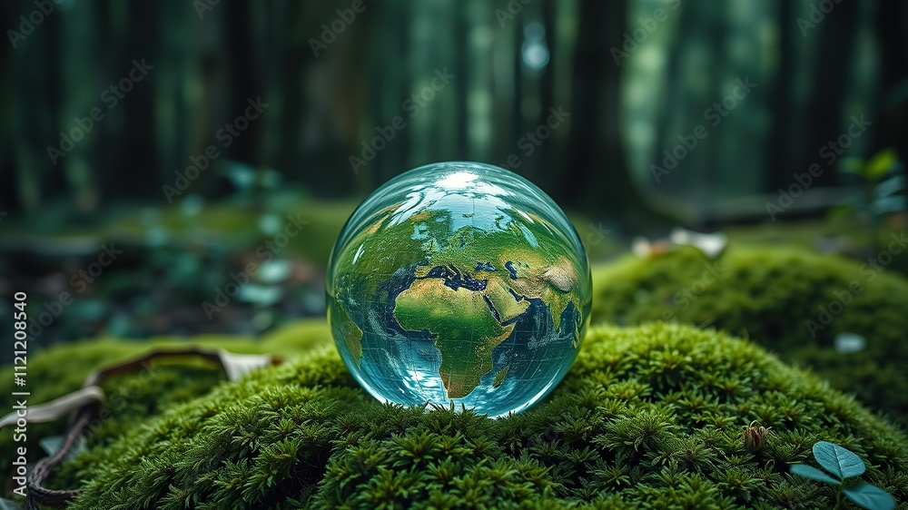 Crystal globe glass on green moss in forest to protect nature Save and care World for sustainable. concept of the environment ecology and Earth Day. eco environment and ESG concept Crystal globe glass on green moss in forest to protect nature Save and care World for sustainable. concept of the environment ecology and Earth Day. eco environment and ESG concept