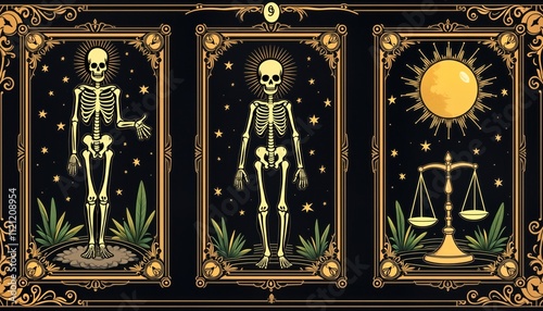 Vintage tarot cards display skeleton figures. Occult scene skeleton figures on dark background. Symbolic design includes scales of justice, celestial symbols. Tarot divination fortune-telling theme