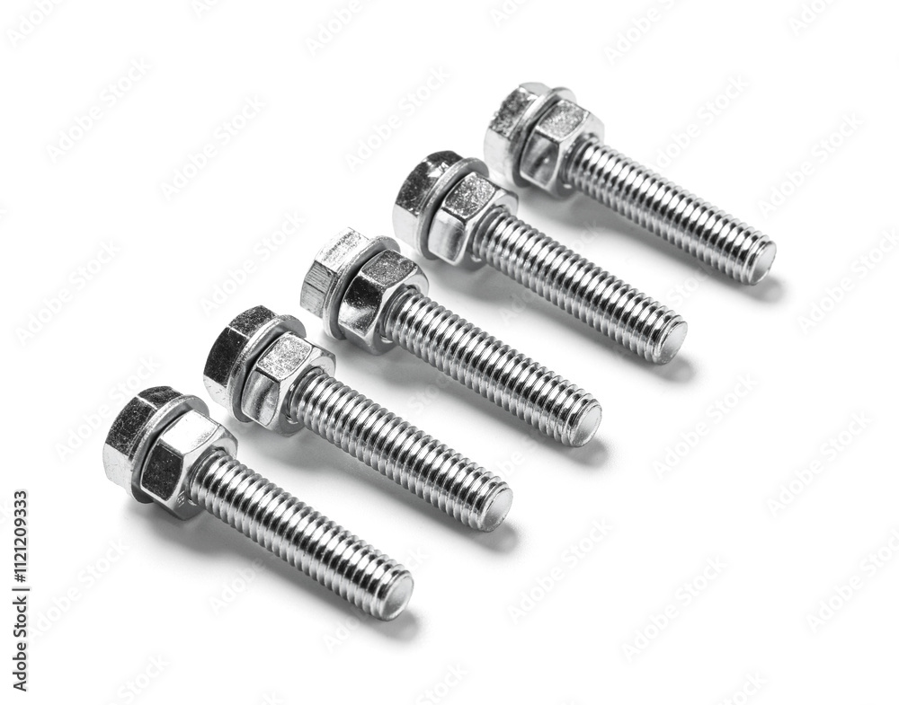 Row of tap bolts with chrome nuts isolated on white background Row of tap bolts with chrome nuts isolated on white background