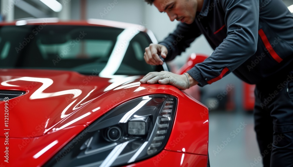 Auto mechanic carefully polishes red sports car scratch in workshop. Pro car repair service. Closeup view of detailing, restoration work. Skilled technician uses tools for vehicle care, maintenance. Auto mechanic carefully polishes red sports car scratch in workshop. Pro car repair service. Closeup view of detailing, restoration work. Skilled technician uses tools for vehicle care, maintenance.