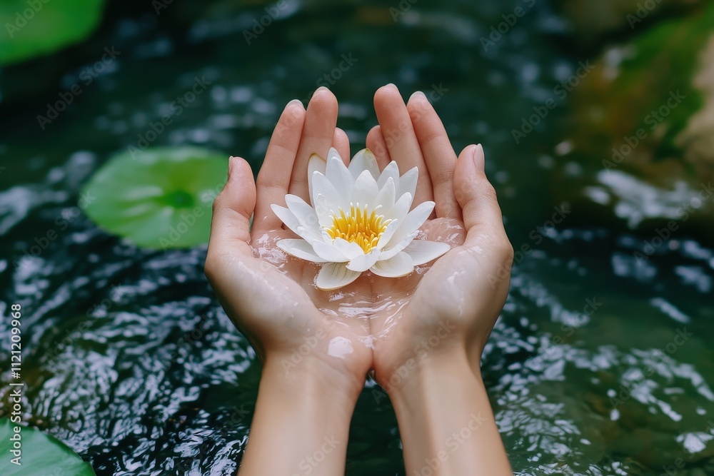Hands Gently Cradling a White Lotus Flower Above a Serene Stream: A Symbol of Inner Peace and Prayer. Hands Gently Cradling a White Lotus Flower Above a Serene Stream: A Symbol of Inner Peace and Prayer.