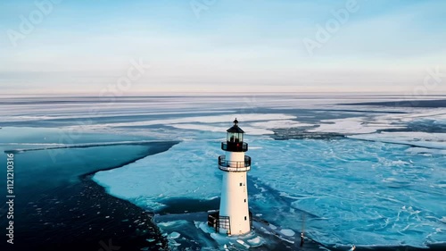 A lighthouse stands amidst icy waters and frozen landscapes, guiding ships in a serene setting.
