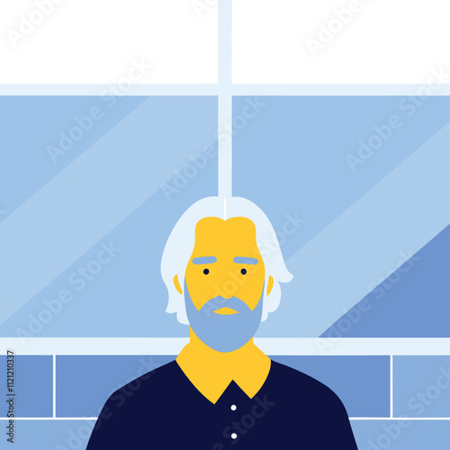 An elderly man with a beard in a blue shirt standing by the wall vector flat design illustration. Vertical layout.