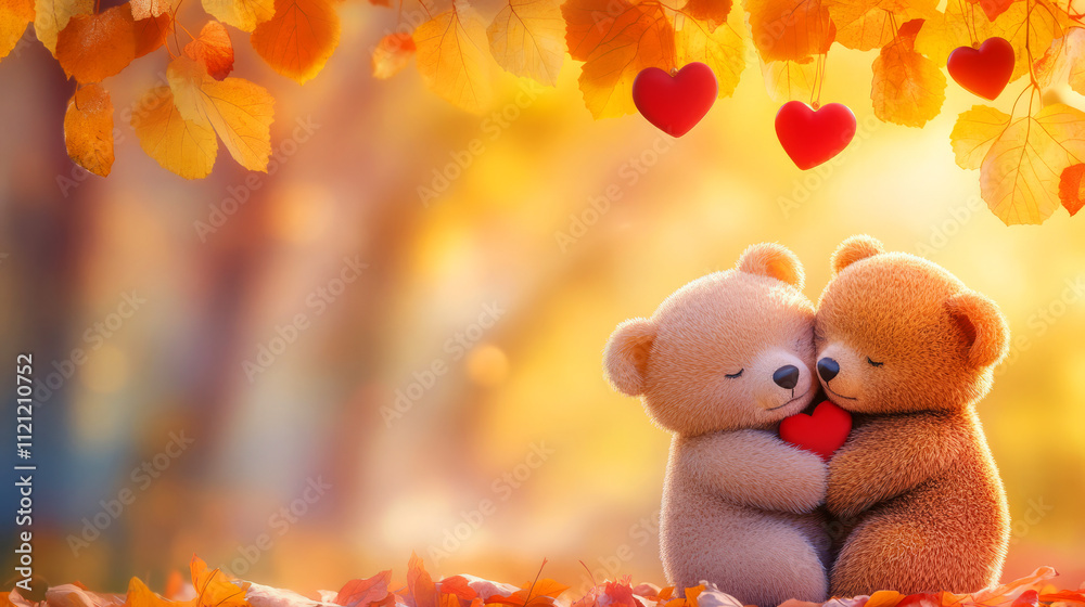 Two Adorable Bears Hugging Over Heart-Shaped Object Under Fall Leaves Background Two Adorable Bears Hugging Over Heart-Shaped Object Under Fall Leaves Background