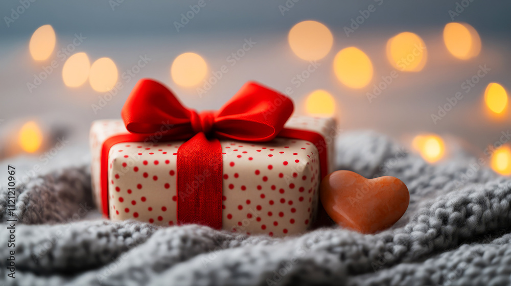 Obraz premium Gift Box with Red Ribbon and Heart on Cozy Knitted Blanket with Blurred Lights in Background
