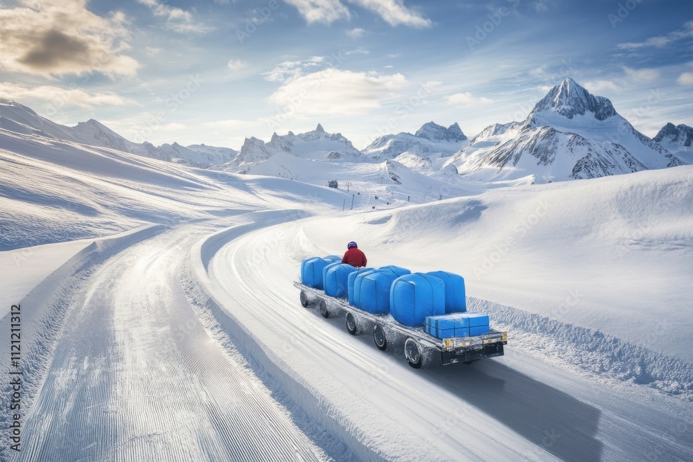 Delivering supplies through a snowy mountain road in winter sunlight Delivering supplies through a snowy mountain road in winter sunlight