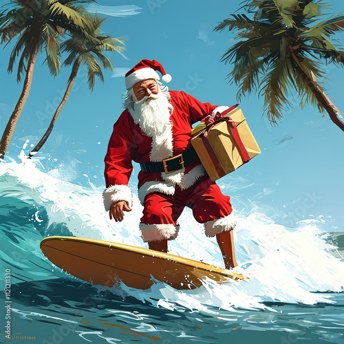 Santa surfing on Christmas Eve at the beach. Generative AI