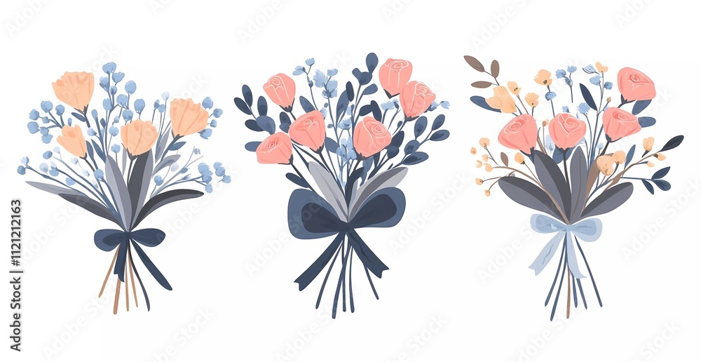 Set of spring flower bouquets with a bow, isolated on a white background. Flat design illustration, in a cartoon style, with minimalism and simple shapes.