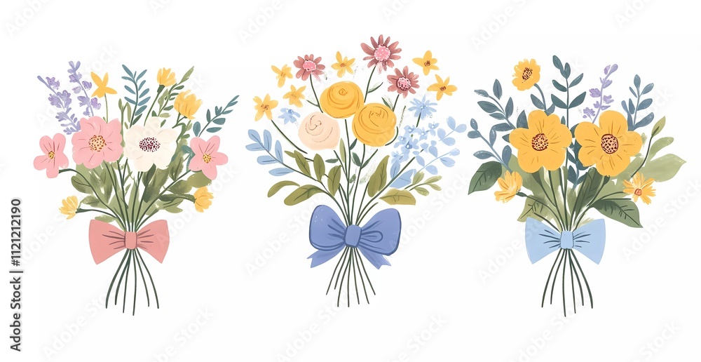 Set of spring flower bouquets with a bow, isolated on a white background. Flat design illustration, in a cartoon style, with minimalism and simple shapes.